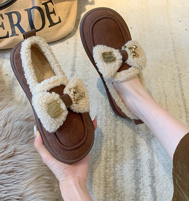 

Лоферы женские с круглым носком, меховая обувь, плоская подошва, с бантом, без застежки, повседневные осенние кроссовки, Мокасины, бабочки, для вождения Sli