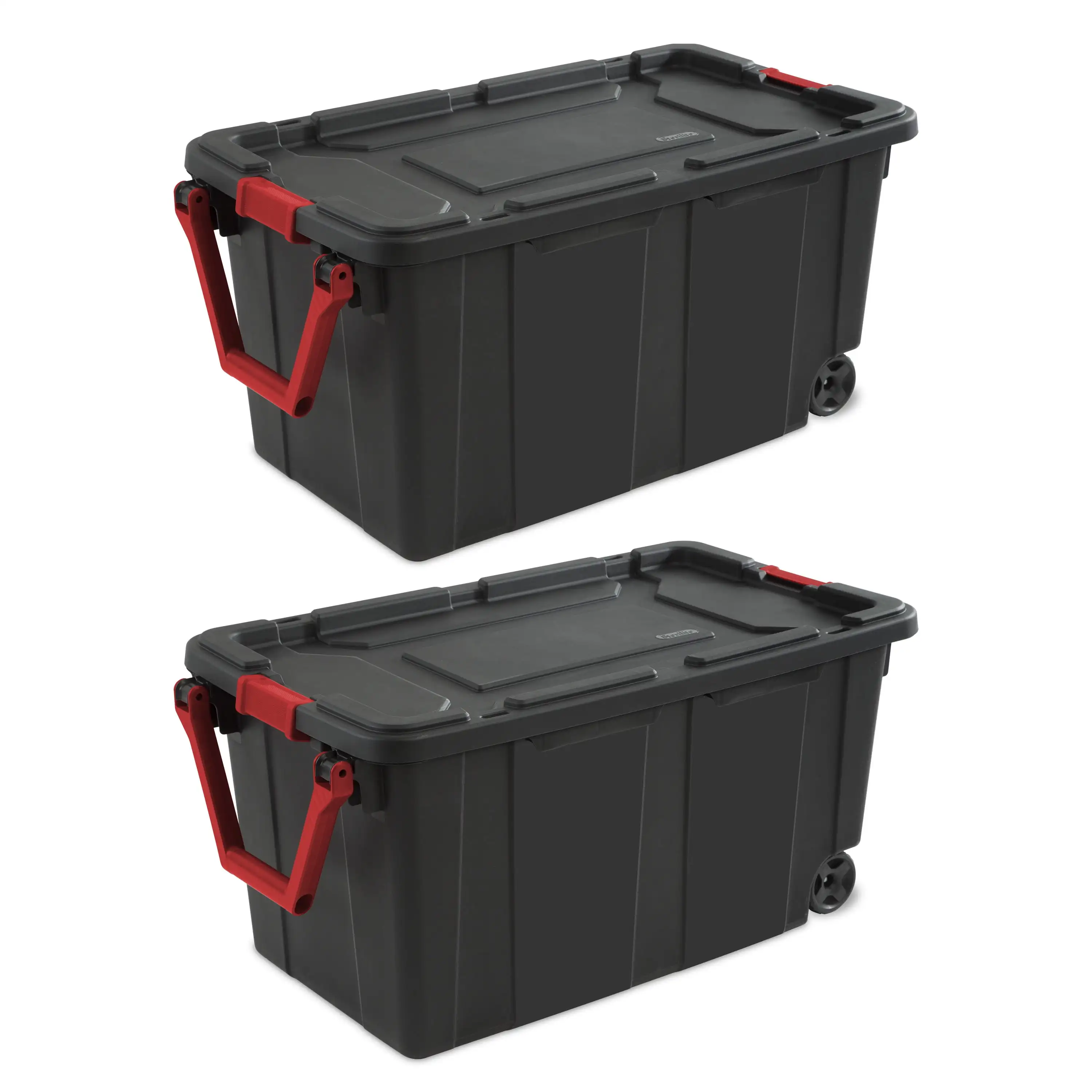 

Sterilite 40 Gallon Wheeled Industrial Tote Plastic Bins Wheeled Large Storage Box Set, Black, Set of 2