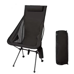 Portable Folding Camping Chair with Headrest - Lightweight Aluminum Alloy Outdoor Furniture (Black)