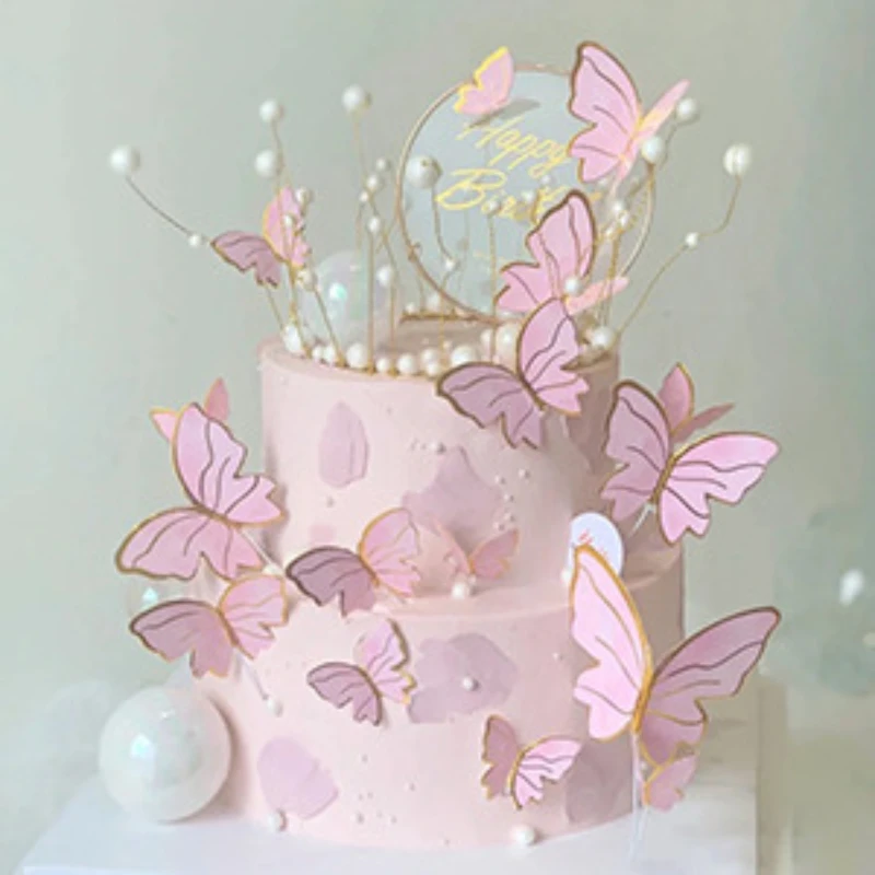 10 Pcs/set Purple Pink Acrylic Butterfly Cake Decoration Happy Birthday Cake Topper Handmade Painted for Wedding Birthday Party