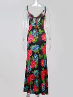 Floral Maxi Dress WoCowl Neck Strap Backlesses Woman Party Night Sexy Long Dress Black