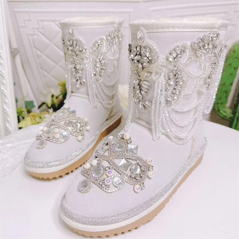 

Tassel rhinestones handmade custom fur one-piece boots Pearl Winter plus fleece warm boots women's plus size 35-44