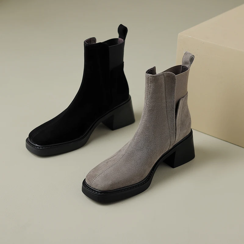 

2023 new autumn winter Women ankle boots natural leather 22-24.5cm sheep suede+pigskin modern boots thick heel chelsea boots