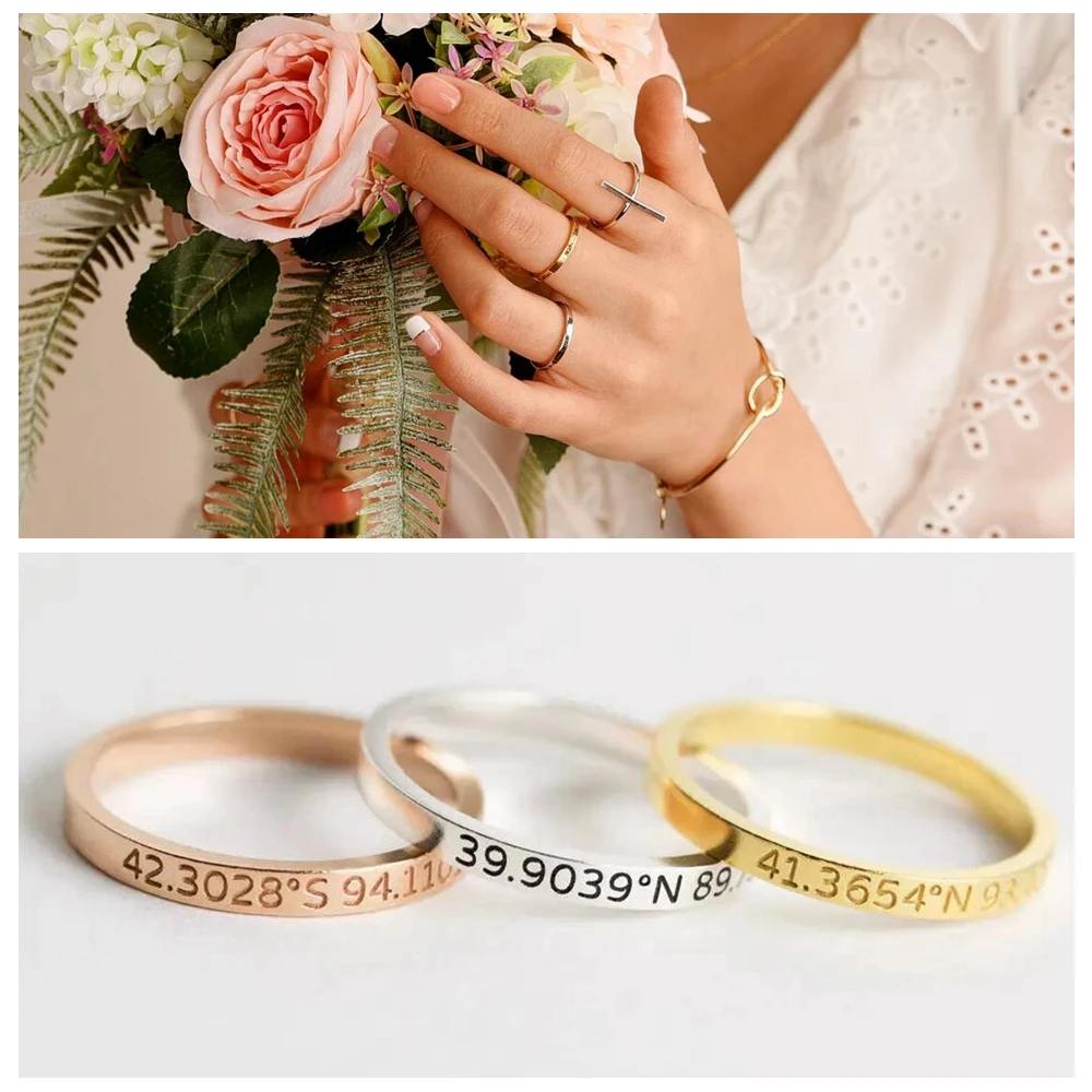 

2mm Personalized Stacking Ring Custom Engraved Name Coordinate Initial Ring Stackable Gold Ring Mothers Jewelry Gift