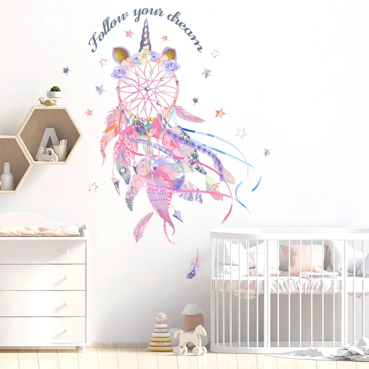 4pcs Dream Catcher Feather English Cartoon Wall Sticker Creative Bedroom Living Room Bedroom Study Decoration Mural Wall Sticker