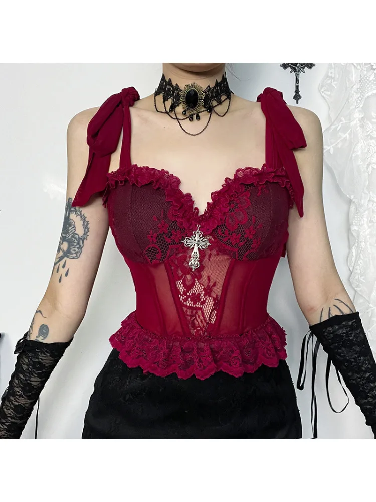 

2024 New Gothic Floral Lace Mesh Camisole Corset Tops Women Y2K V Neck Sleeveless Spaghetti Adjustable Strap Tank Cami Crop Tops