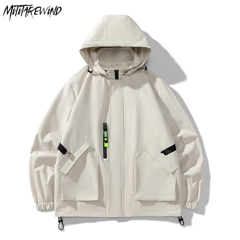

2023 Spring Casual Hooded Men Loose Windbreaker Zipper Streetwear Solid Stand Collar Outwear Baggy Long Sleeve Outdoor Jackets