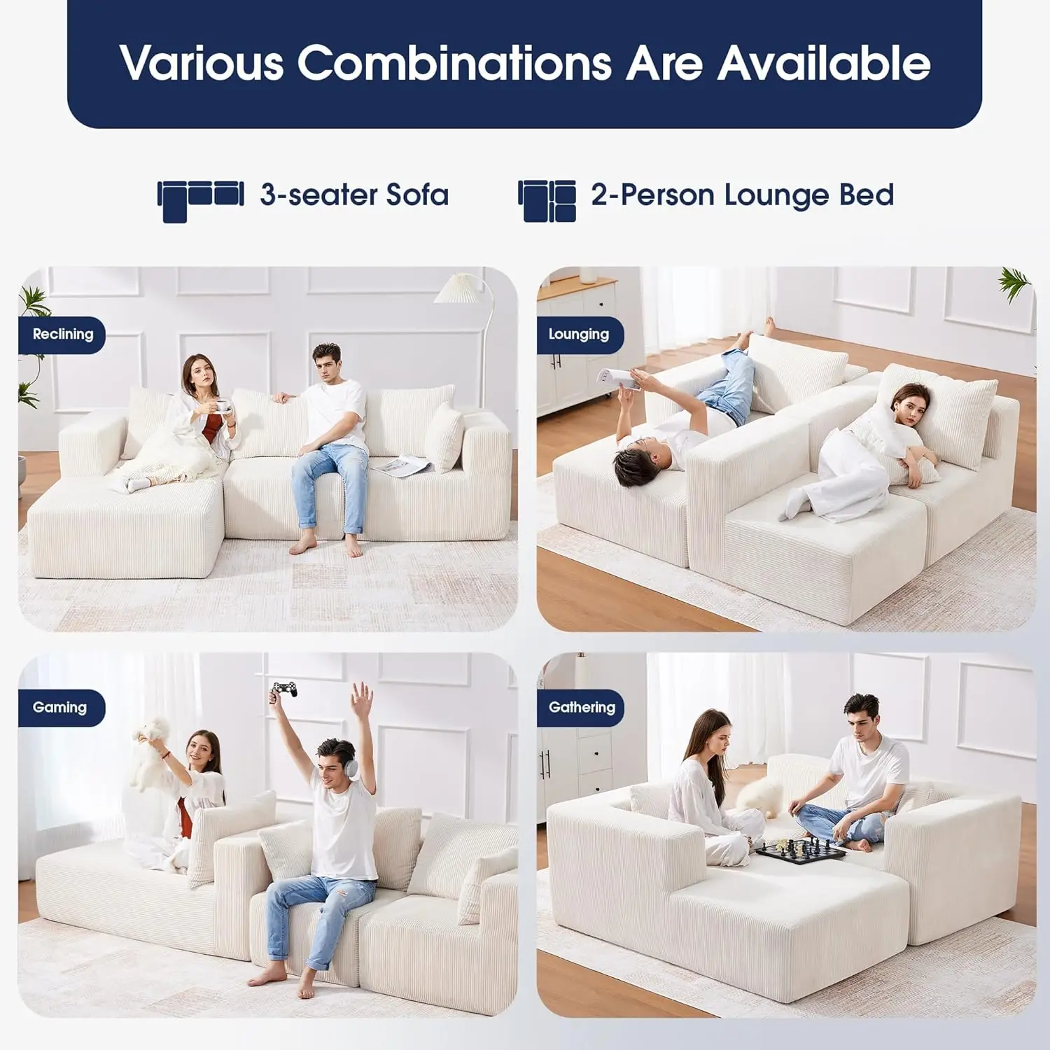 107'' Modular Sectional Sofa, L Shaped Cloud Couch for Living Room, Modern Boneless Sofa with Chaise for Bedroom, Beige