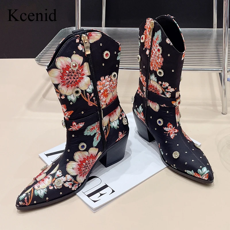 

Kcenid Fashion Flower Print Autumn Winter Shoes Rivet Pointed Toe Zip Western Cowboy Ankle Boots For Women High Heels Booties