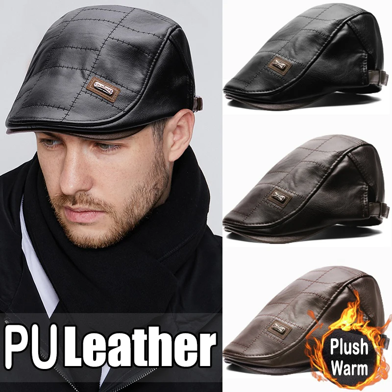 

Spring Summer Men Fashion Retro PU Leather Beret Hats Leather Beret Hat Middle-aged Men's Visor Warm Flat Peaked Cap Adjustable