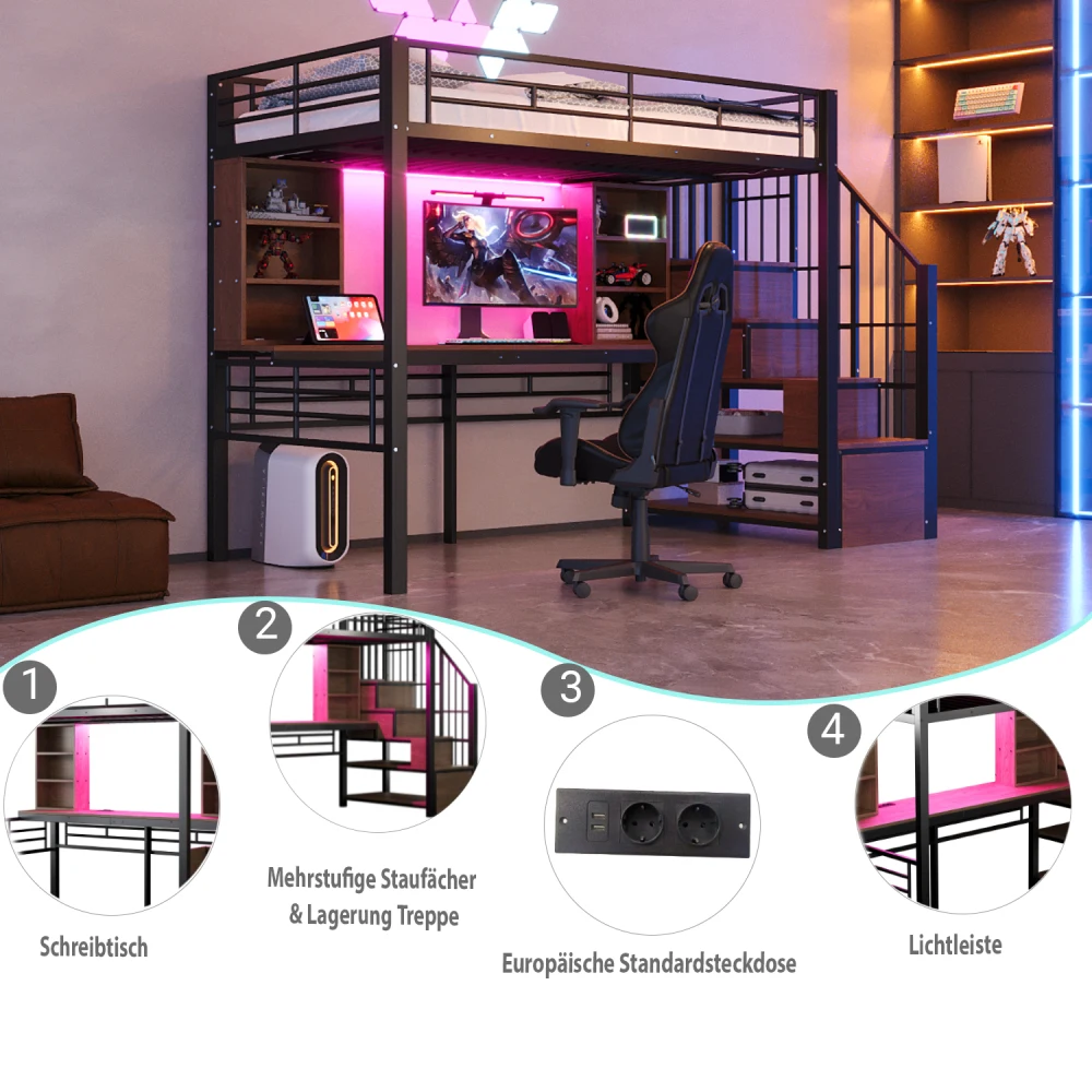 Hochbett 90×200cm, mit Regal, Schreibtisch, Steckdose und LED-Beleuchtung, integriertem Stauraum-Treppenhaus (links/rechts montierbar), Eisenrahmen – Detail 24
