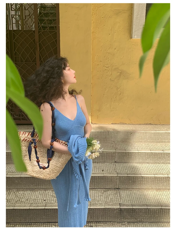 Vintage Chic Knitted 2-piece Dress Set Women Crop Cardigan V-neck Spaghetti Strap Bodycon Midi Dress Autumn New Female Clothing