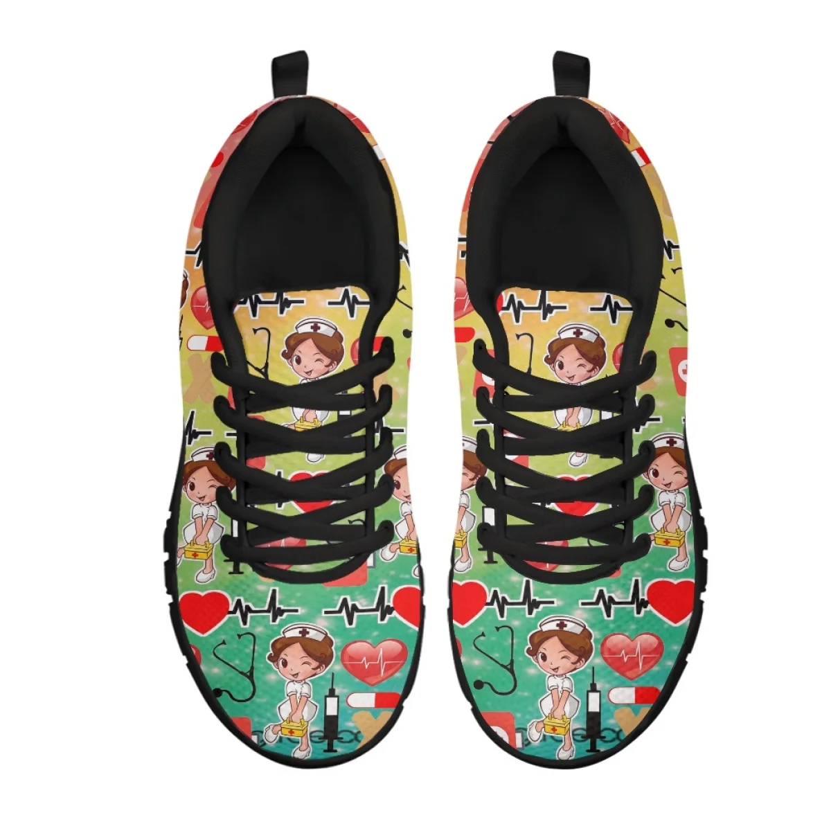 Women's Non-Slip Flat Shoes Nurse Shoes Lovely Nurse Girls Print Gradient ECG Medical Design Female Running Sneakers Girl Tennis