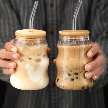 Bicchieri in vetro da 500ml con barattolo di vetro di paglia tazza di latte per caffè con succo trasparente con coperchi in bambù bicchieri 1