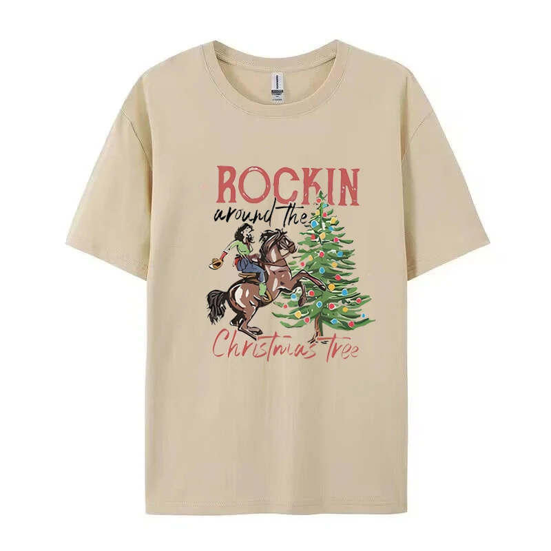 Weihnachts-Rockin' Around the Christmas Tree Grafik-T-Shirt für Damen, lässiges Rundhals-Kurzarm-T-Shirt, festliches Urlaubs-Top – Detail 3