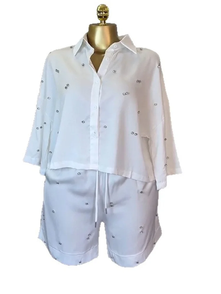 Wmstar Two Piece Sets Wholesale Long Sleeve Top Lapel Loose Studded Shirt and Wide Leg Shorts Sets New Matching Suit 2025