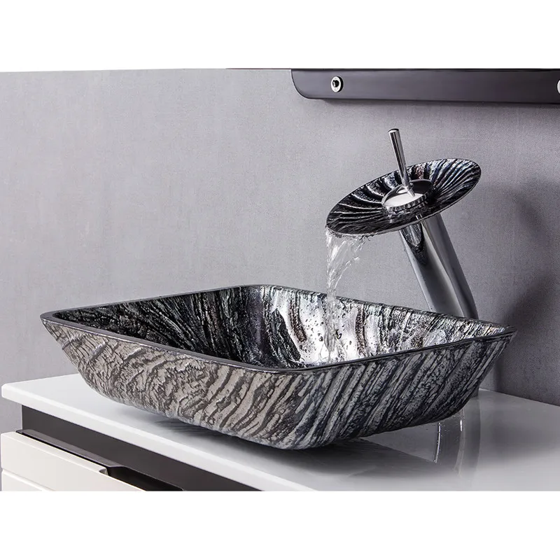 

Fedex/UPS Fast Shipping Bathroom Sinks Rectangular / Round Washbasin Abstract Art Wind Toughened Glass Wash Basin Faucet Set