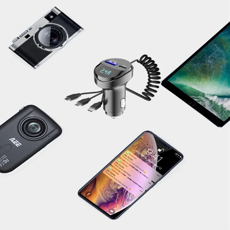 2 포트 USB 고속 차량용 전화 충전기, 3.1A 전압 표시, 3in 1 USB 개폐식 충전 케이블, 트럭 자동차