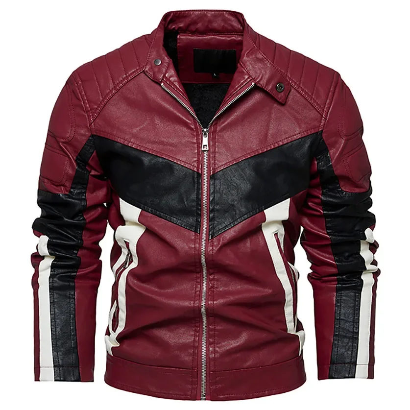 Description Picture 4 of itemNew in Autumn Winter Fur Leather Jacket Outdoor Fashion Patchwork Color PU Leather Coat Male Stand Collar Wool Liner Punk Jacket
