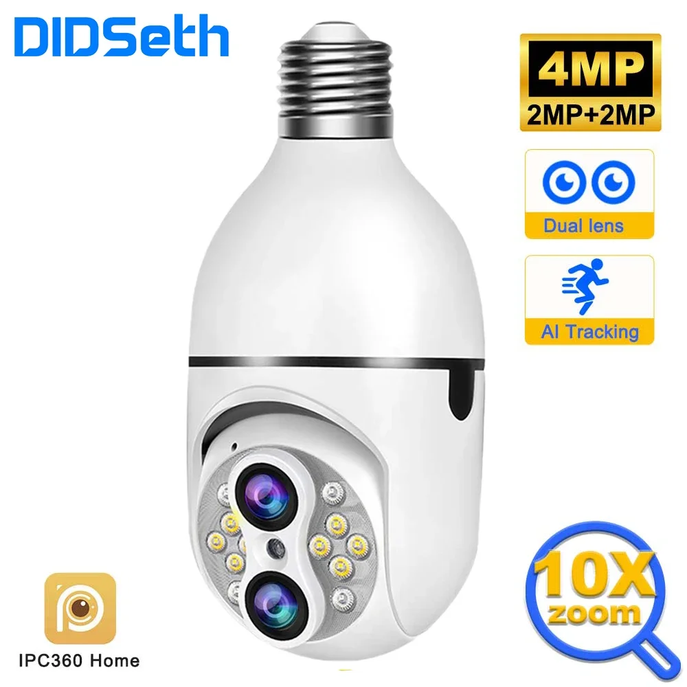 

DIDSeth E27 4MP Dual Lens Camera Two-way Audio 10X Digital Zoom Light Bulb Camera E27 Full Color Night Vision Security Monito