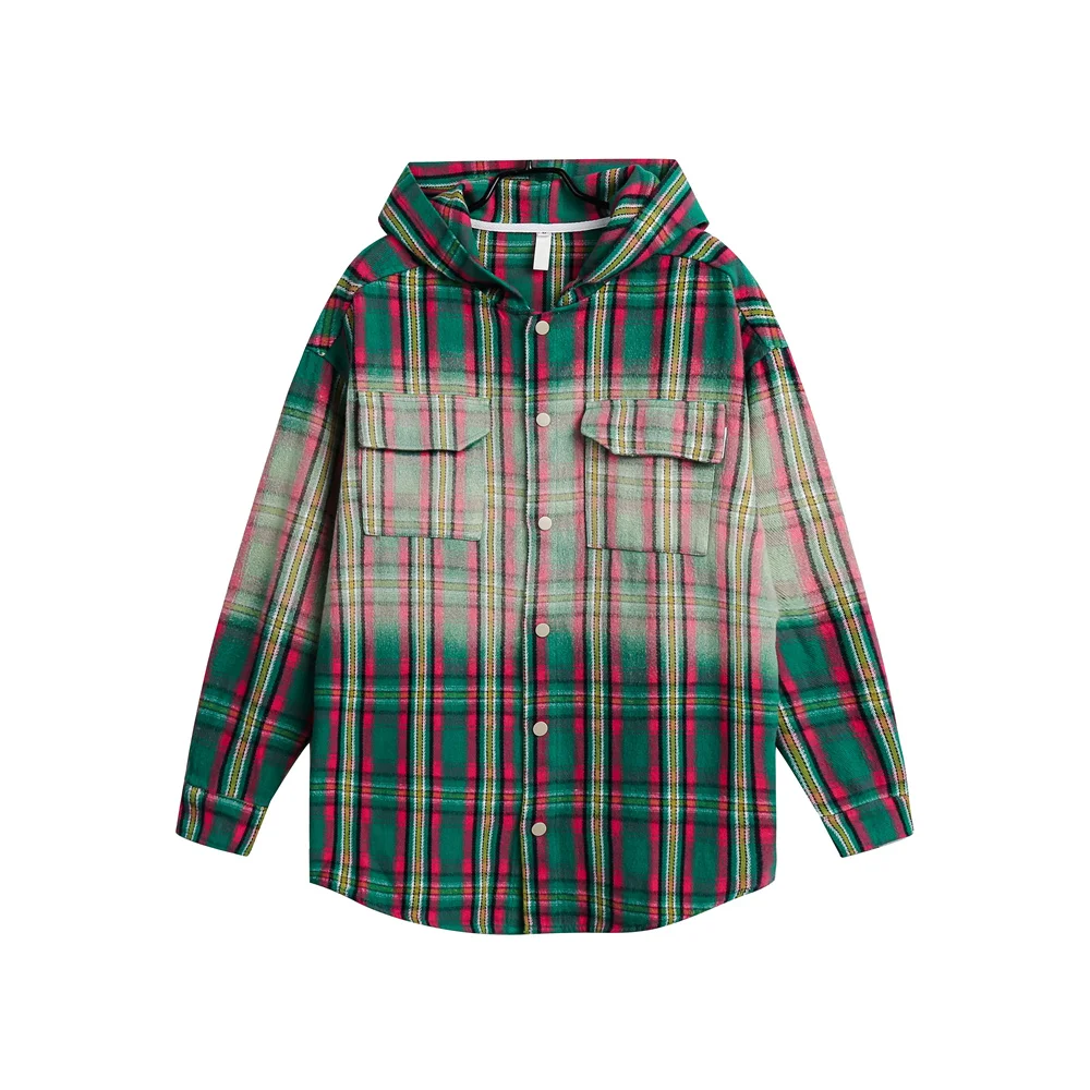 Gradient Plaid Flannel  Shirt Jacket with Hoodie Autumn Loose Style Men Women Hooded Thick Shirts
