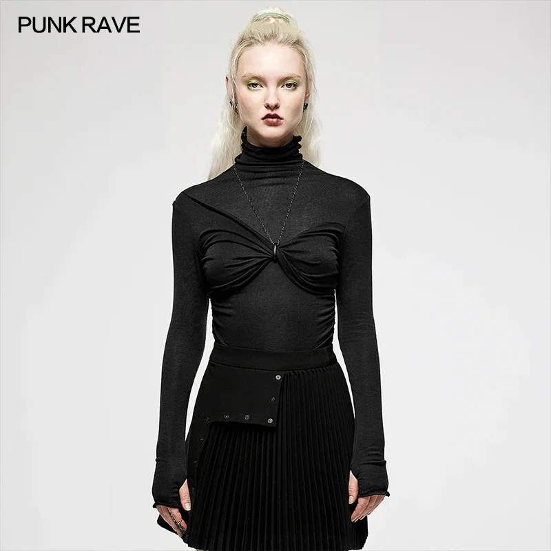 

PUNK RAVE Women's Asymmetrical Bow Long Sleeve Slim T-shirt Gothic Daily Modal Soft Black Tops Sexy Casual Tees