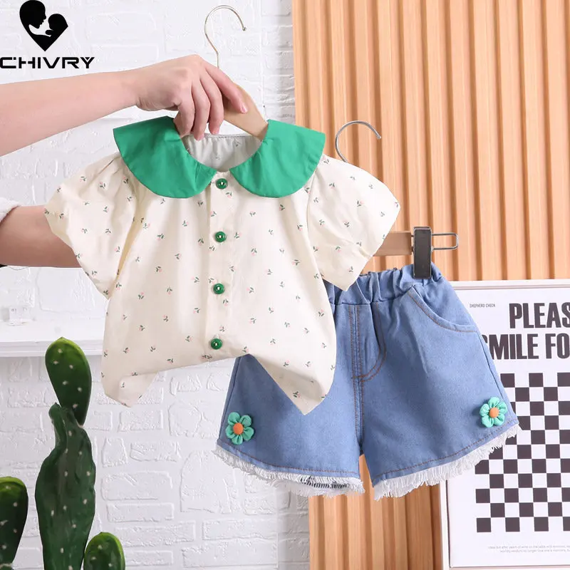 

Girls Summer Clothing Suit New 2023 Baby Girl Cute Floral Short Sleeve Lapel Shirt Tops with Denim Shorts Kids Clothes Sets