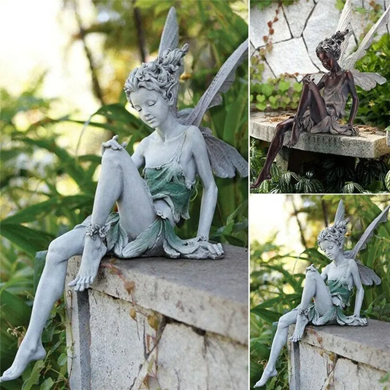 

Flower Fairy Sculpture Garden Landscaping Yard Art Ornament Resin Turek Sitting Statue Outdoor Angel Girl Figurines Craft