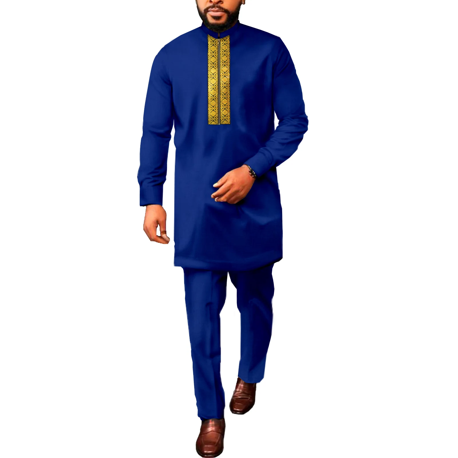 African Men Long Sleeve Shirt Dashiki Retro Loose Contracted Casual Tracksuit Traditional Clothing Top+Pants