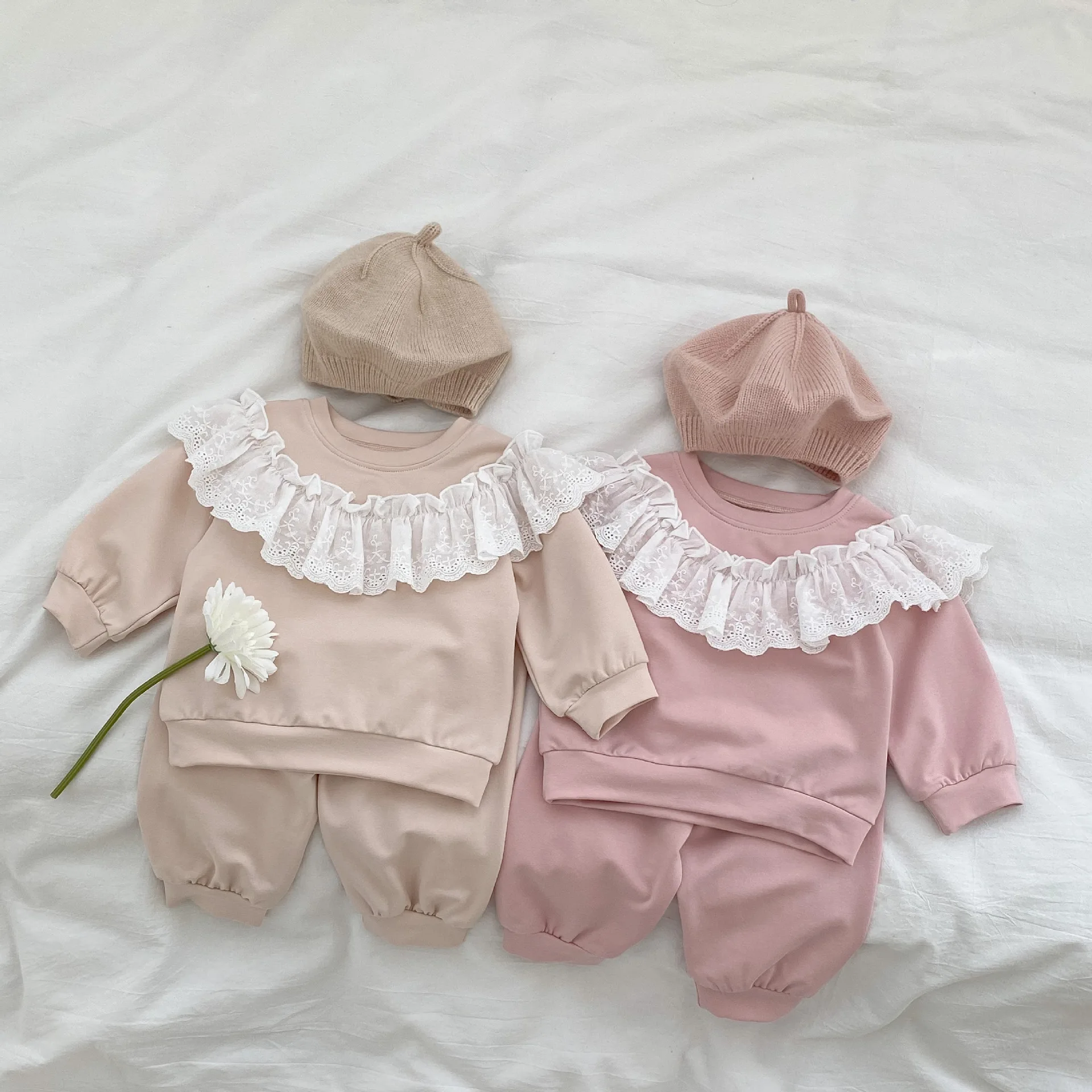 

2023 Spring Kids Clothes Baby Girls Sweatshirt And Pants 2Pcs Sets Lace O-Neck Pullover Hoodie Suit Toddler Girls Clothes