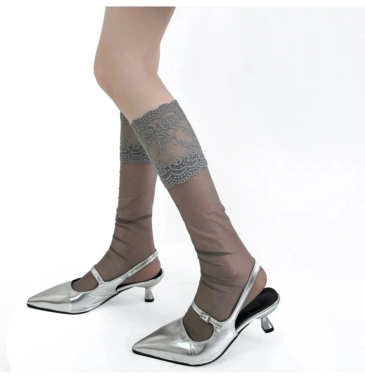 JK Lolita Sweet Girls Sexy Spitzen-Mesh-Netzstrümpfe Kniestrümpfe Spitzen-Rüschen-Langsocken Ultradünne transparente Damenstrümpfe – Detail 12