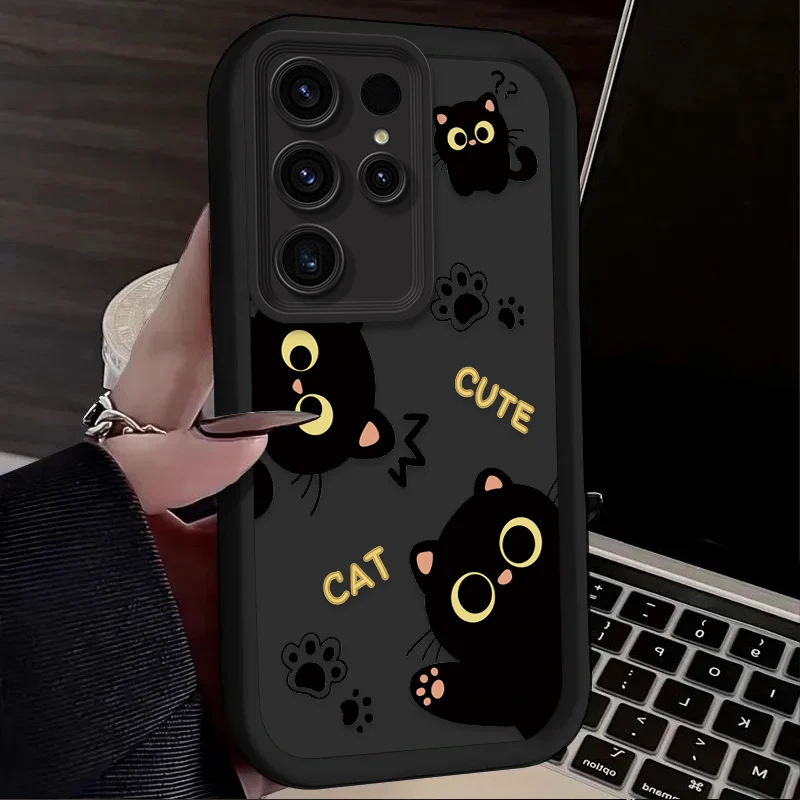 Charming Black Cat Matte Protective Phone Case with Love Heart Design
