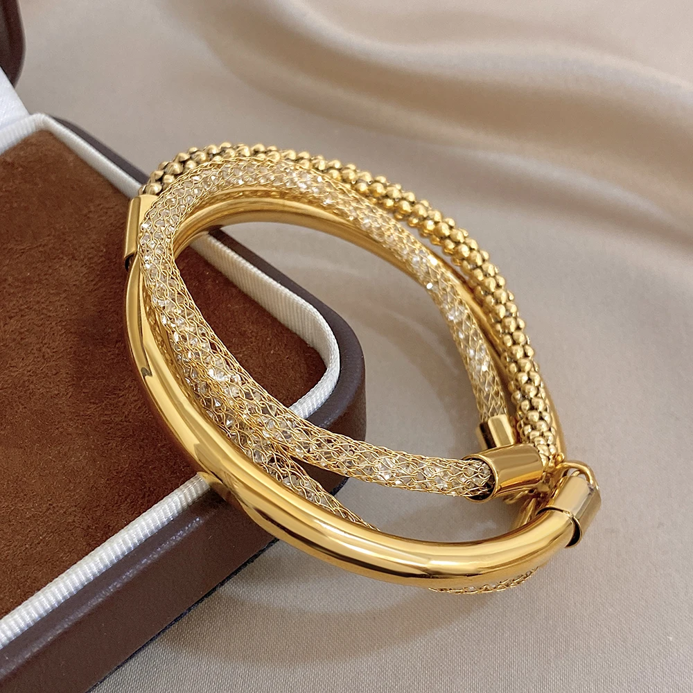 Exquisite mehrschichtige Wickelarmbänder aus Edelstahl für Damen, stilvolles, vergoldetes, hohles Mesh-Armband, Partyschmuck – Detail 6