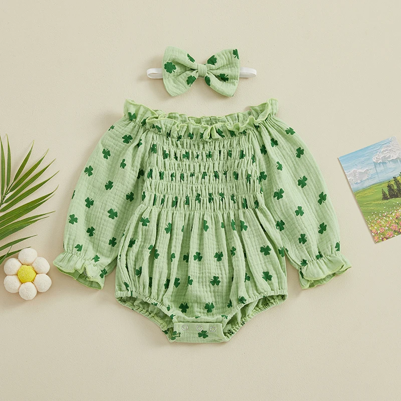 

St Patricks Day Outfit Baby Girl Ruffle Romper Off Shoulder Pleated Bodysuit Puff Sleeve Ruched Jumpsuit Headbands