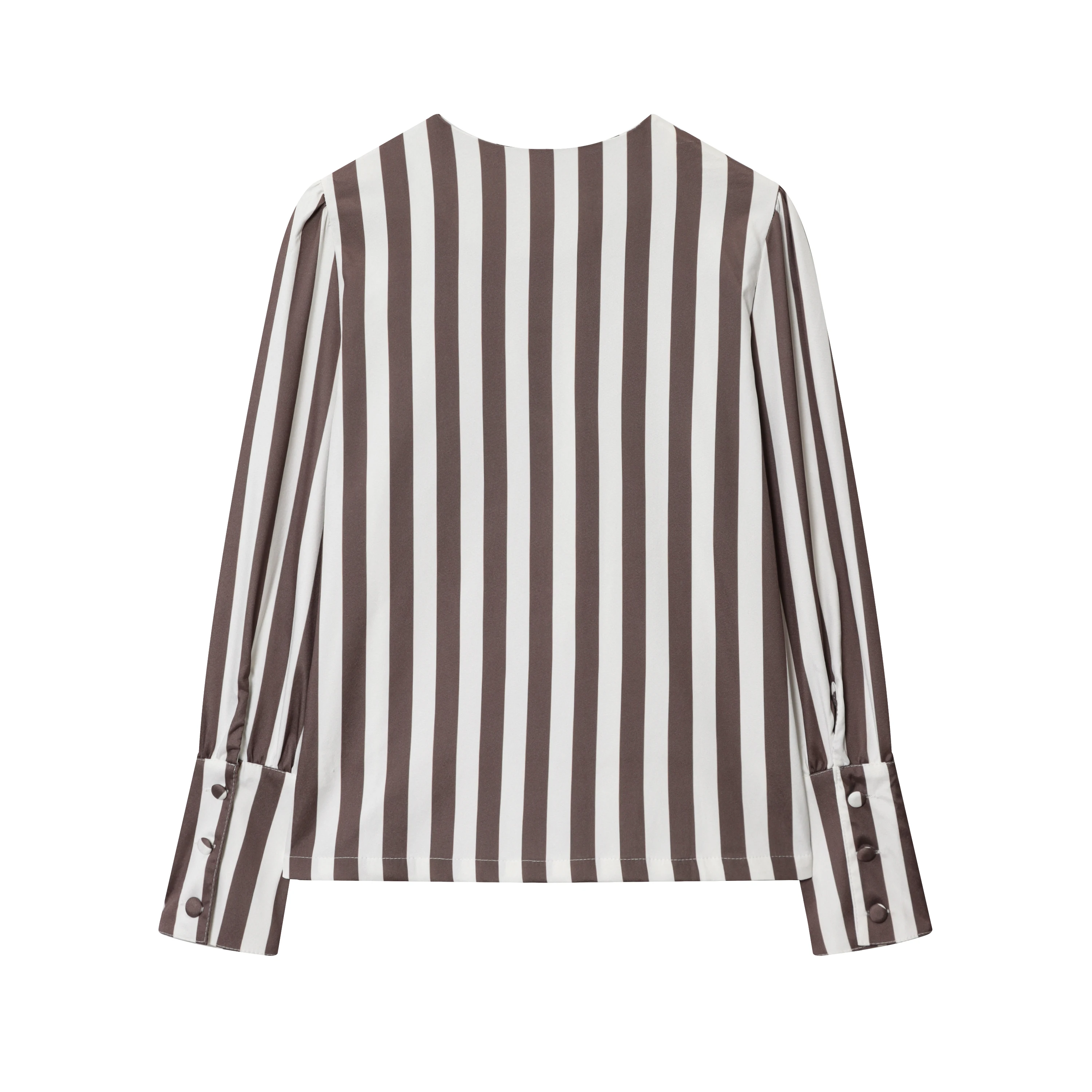 2025 Autumn New Female Chic Blouse Women's Loose Fit Striped Print Shirt O-neck Puff Sleeve Single Breasted Simple Casual Top