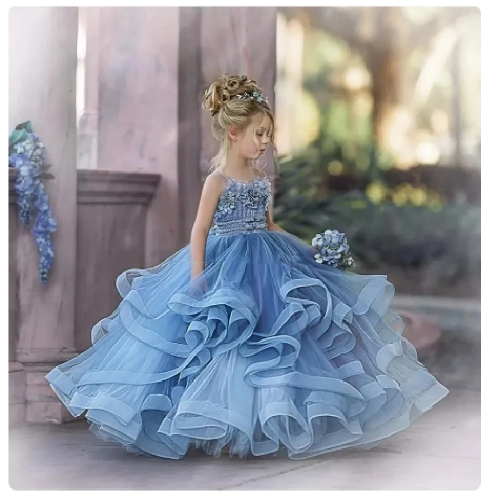 女の子のための美しい青い天使のチュールレースプリントドレスレイヤードフラワーボールbeauty-pageant-princess聖体拝領誕生日プレゼント