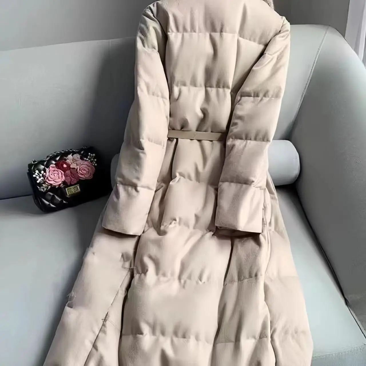 Imitation Mink Fur Collar Eco-friendly Fur Down Jacket, High-end Long Waist Tied White Duck down jacket, women' winter New Style