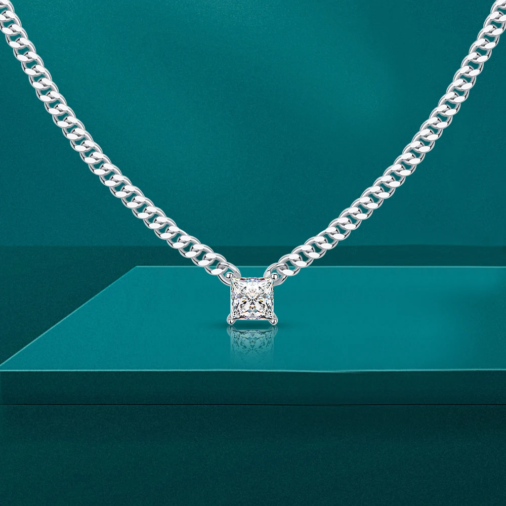 

Cuban Link Chain Necklace with 1CT Square Princess Cut Moissanite Diamonds 925 Sterling Silver Pendant Necklaces for Women Men