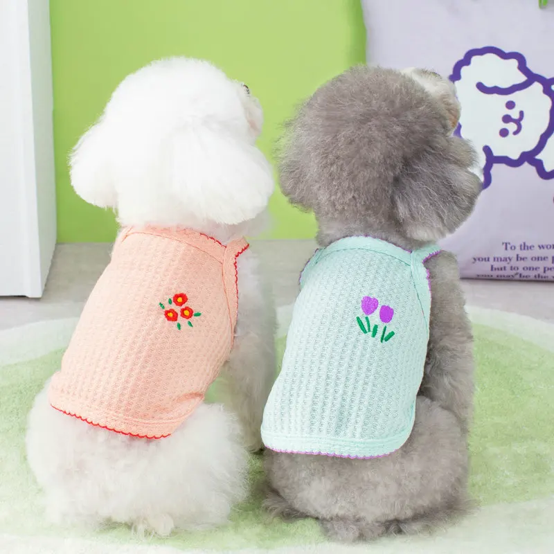 

2023 Cute Puppy Dog Summer Vest Cool Flower Embroidery Dogs Clothes Bear Teddy Bichon Small Kitten Cotton Clothing Pet Products