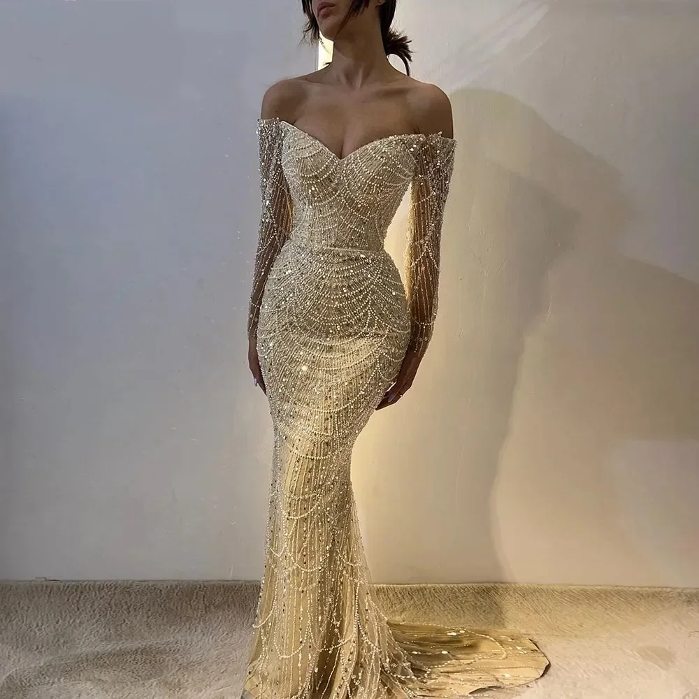 

2024 Luxury Arabic Prom Pageant Dress Off Shoulder Long Sleeves Pearls Sequined Evening Formal Birthday Gowns Robe De Soiree