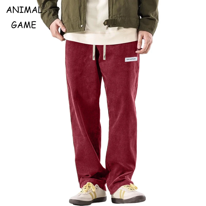 Animal Game Mens Corduroy Pants Baggy Wide Leg Casual Pant Elastic Waist Drawstring Loose Breathable Sweatpants Work Pants