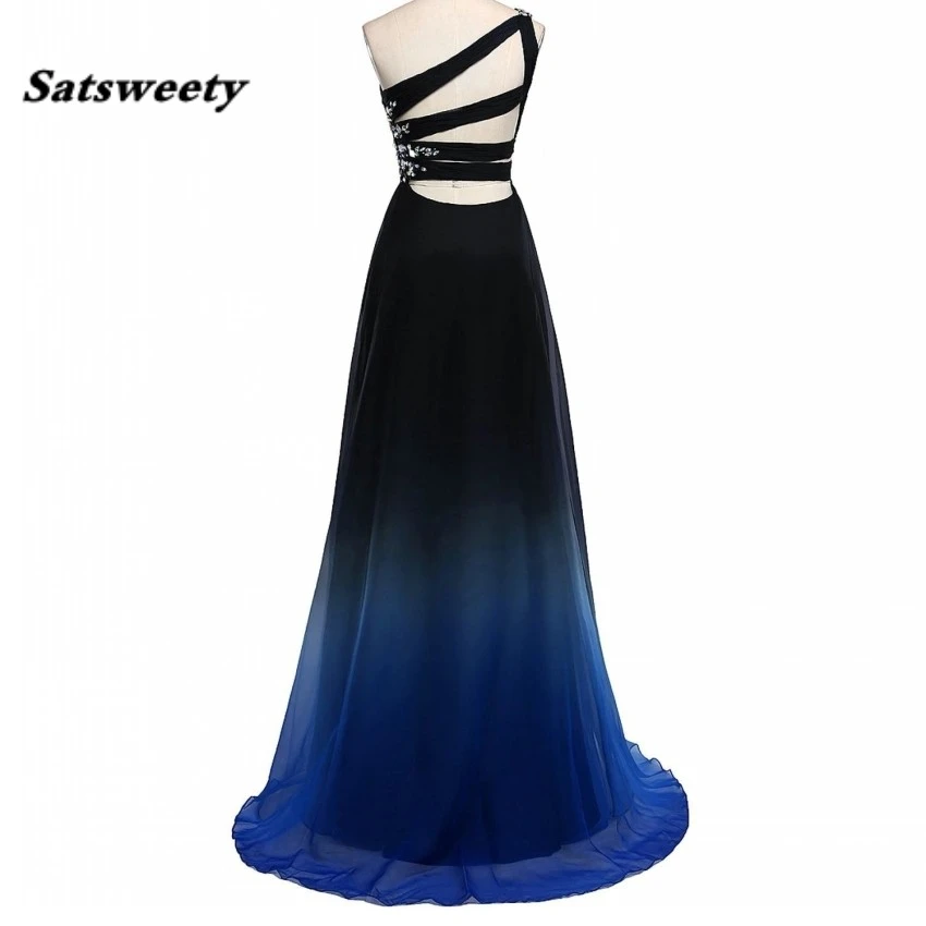 black blue ombre dress 2019 Black Blue Gradient Tulle Long Evening Party Dress,A Line V-neck –  Promfast main image 1