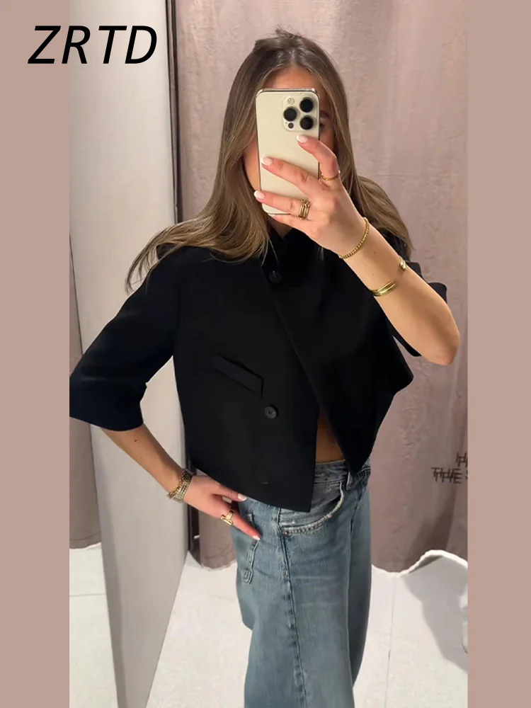 Women's Cropped Asymmetric Stand Collar Short Sleeve Blazer Jacket — photo 3