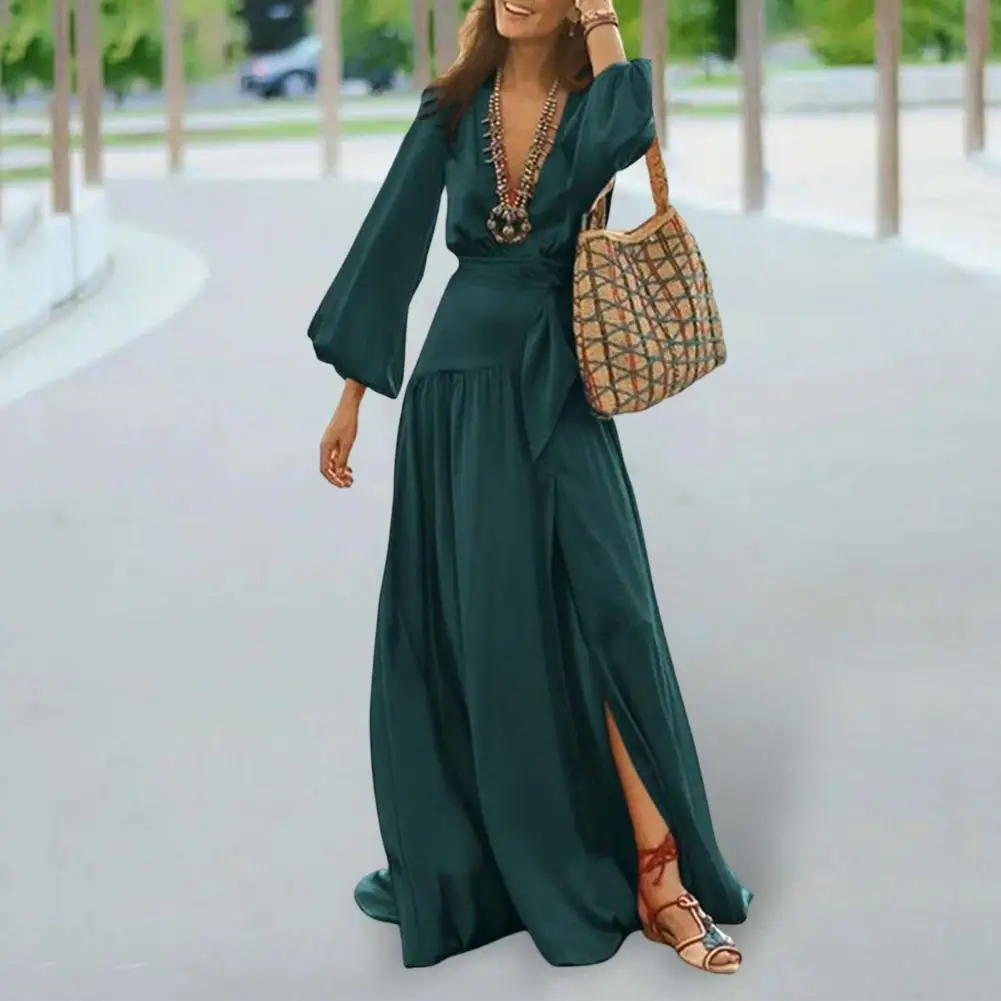 

Beach Dress Solid Color Deep V-Neck Flared Sleeves Loose-fitting Tight Waist Dress-up Washable Summer Beach Women Dress with Bel