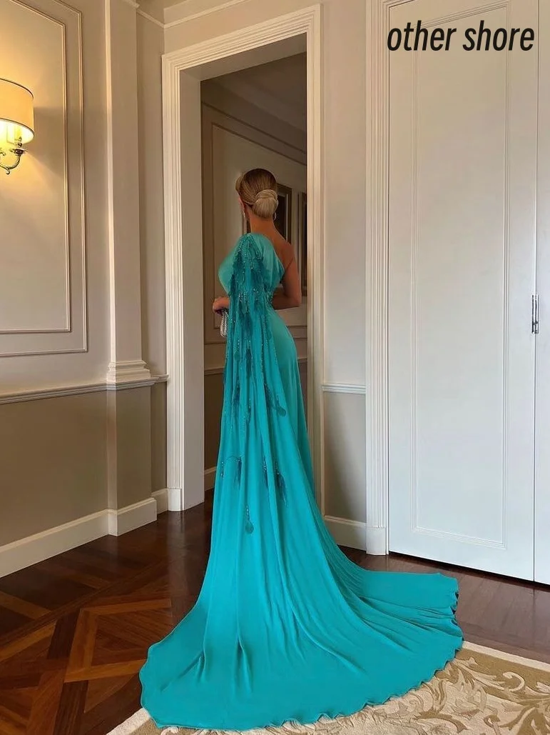 Andere Shore Elegante Vintage Sexy Blauwe Veren Kralen Één Schouder Aan Te Passen Formele Gelegenheid Prom Dress Avondfeestjurken