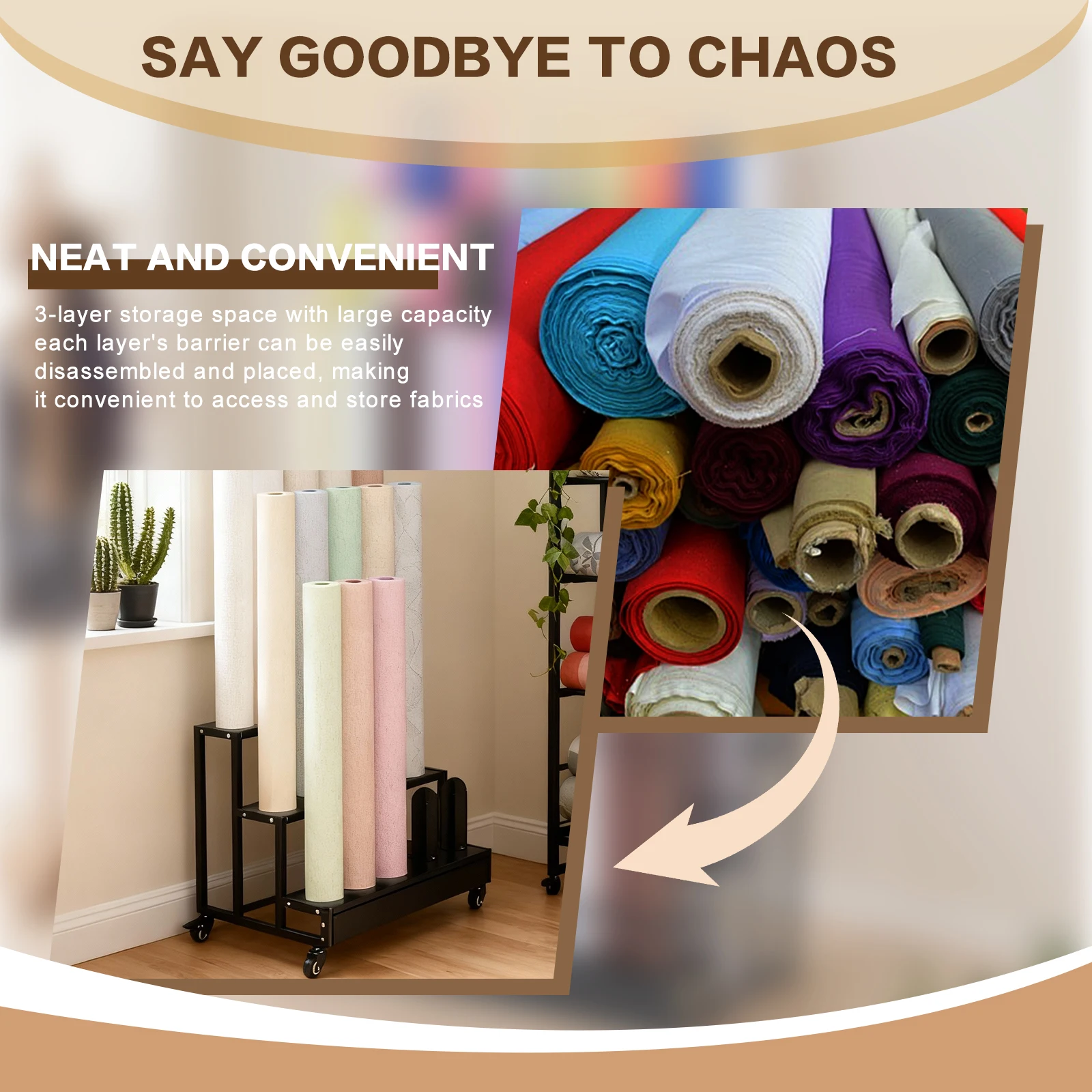 Rolling Organizer Cart 3 Tier Heavy Duty Cold Rolled Steel Black Paint with Lockable Wheels for Fabric Shop Car Decor Home