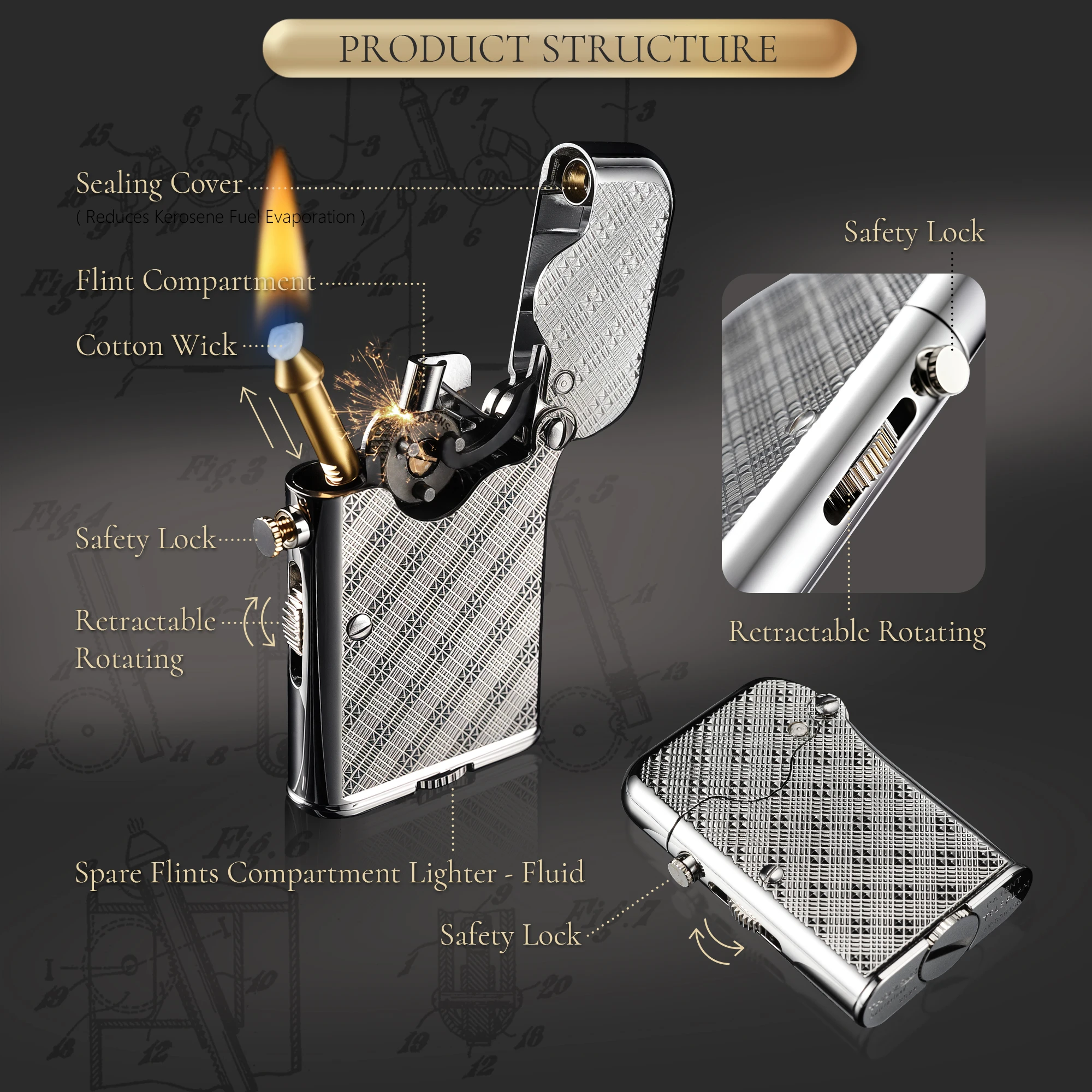 THORENS Swiss Luxury Retro Refillable Kerosene Lighter Brass Gen 7 Single Claw TELEFLAM Plum Pattern Men Gift