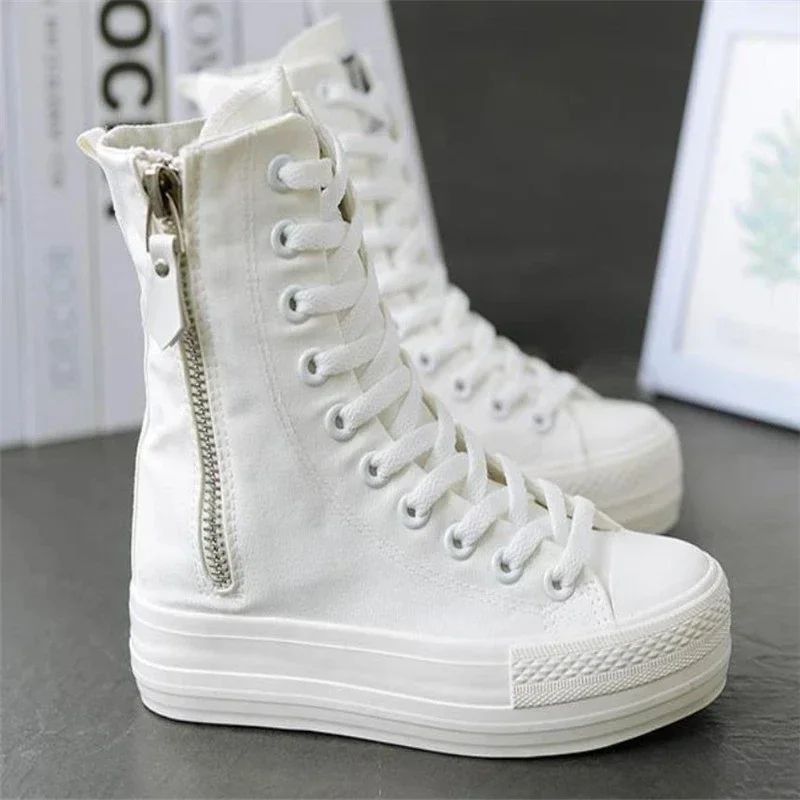 Women Sneakers High Top Flat Canvas Shoes with Zip Side Canvas