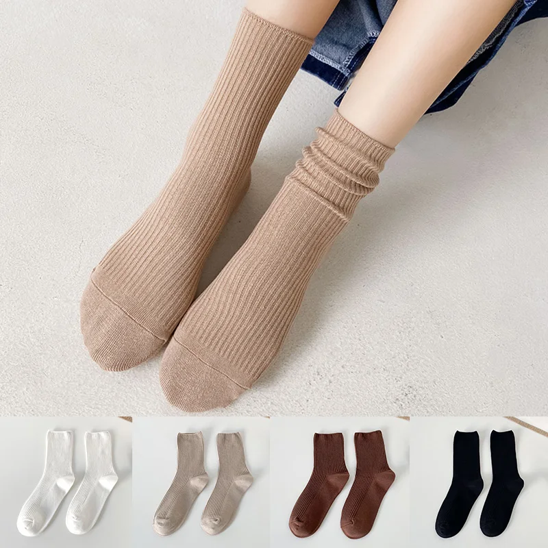 

1 Pair Retro Women Cotton Loose Socks Autumn Winter Knitting Solid Color Long Black Korean Japanese Student Girls Stockings