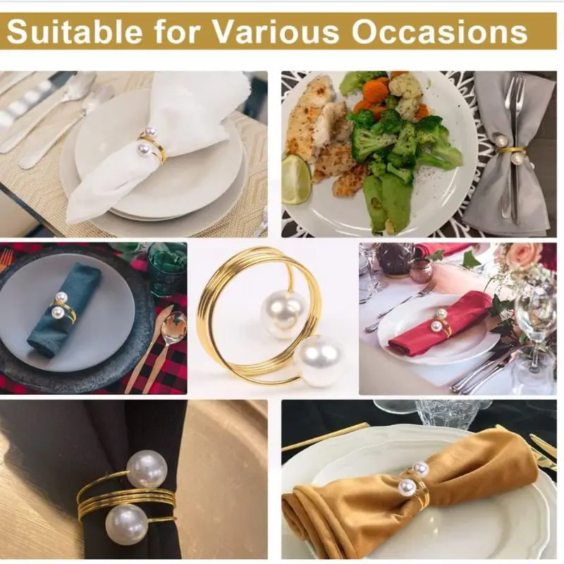 12-2PCS Metal Napkin Ring Imitation Pearls Napkin Buckle Holders For Wedding Christmas Banquet Home Dining Table Decors